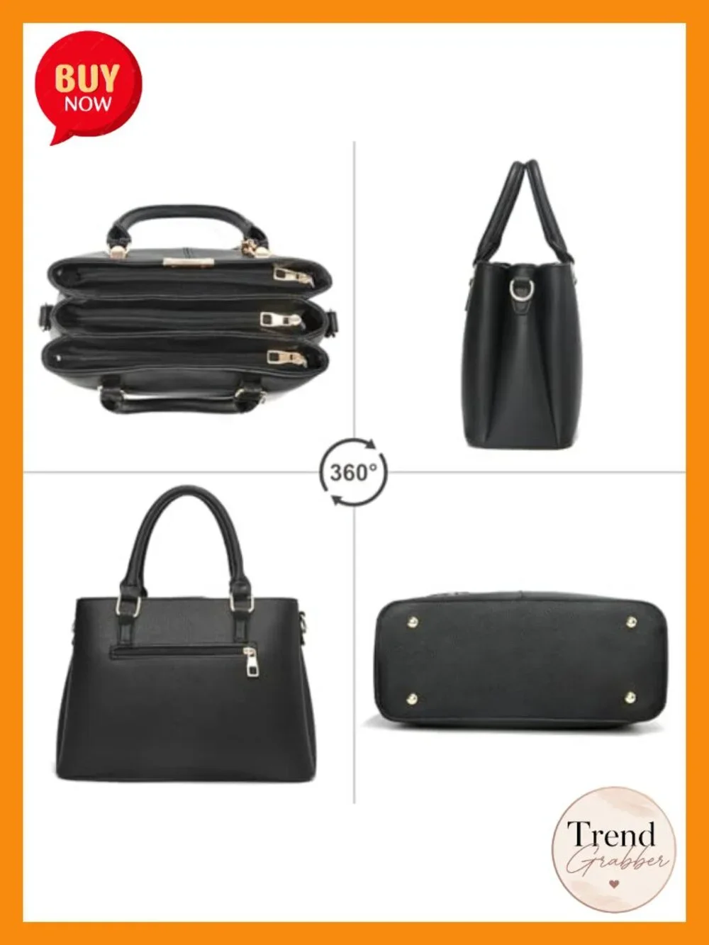 3 Zip Compartments Faux Leather Tote Satchel Handbag Shoulder Bag Top Handle